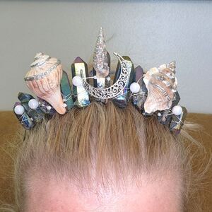 Mermaid Crown Blue Irredessant Crystal Quarts, Pearls, Shell, & Silver Moon